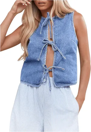 MakeMeChic Women's Jean Vest Tie Front Sleeveless Crop Denim Vest Top Jackets