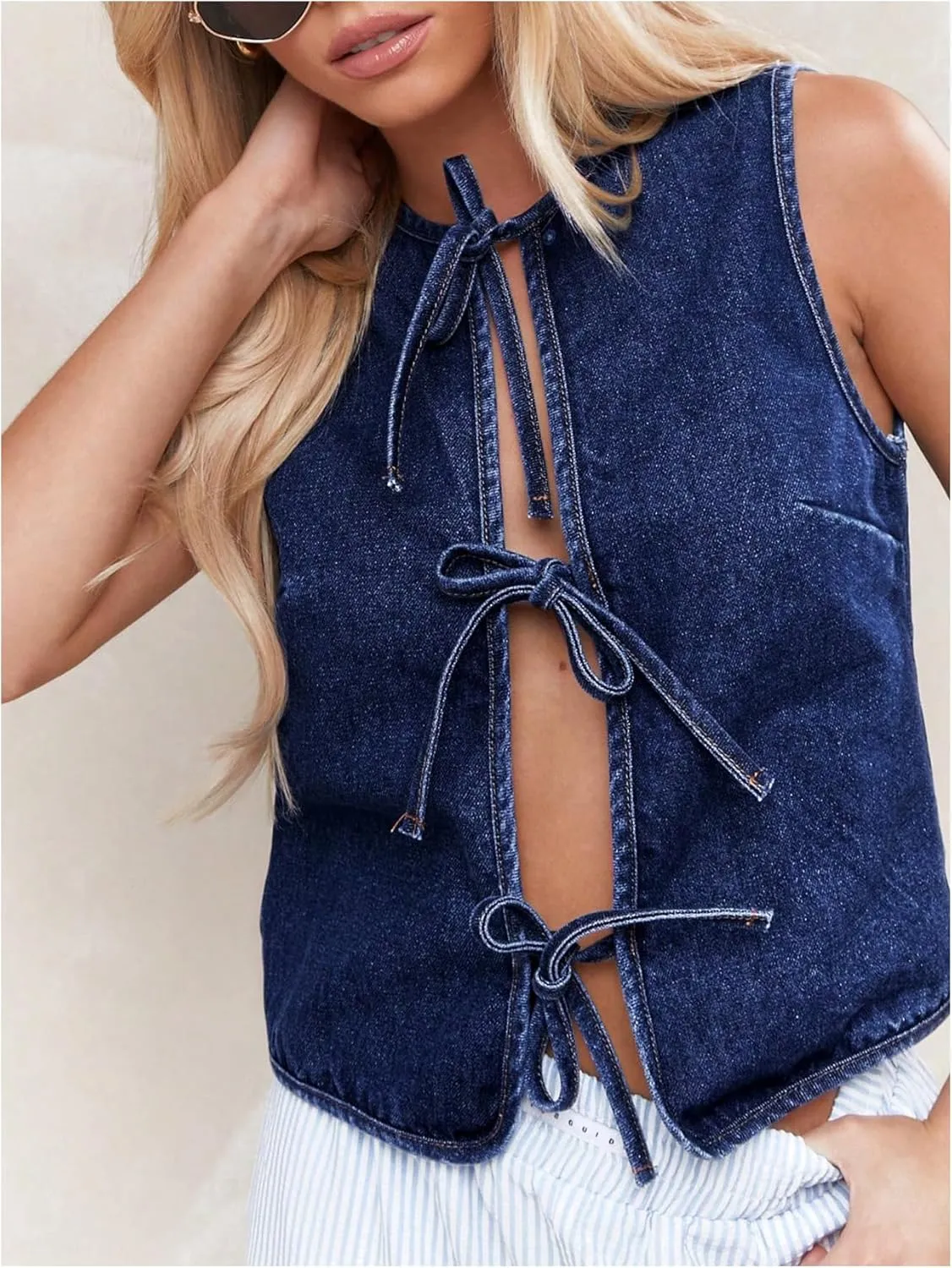 MakeMeChic Women's Jean Vest Tie Front Sleeveless Crop Denim Vest Top Jackets