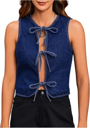 MakeMeChic Women's Jean Vest Tie Front Sleeveless Crop Denim Vest Top Jackets