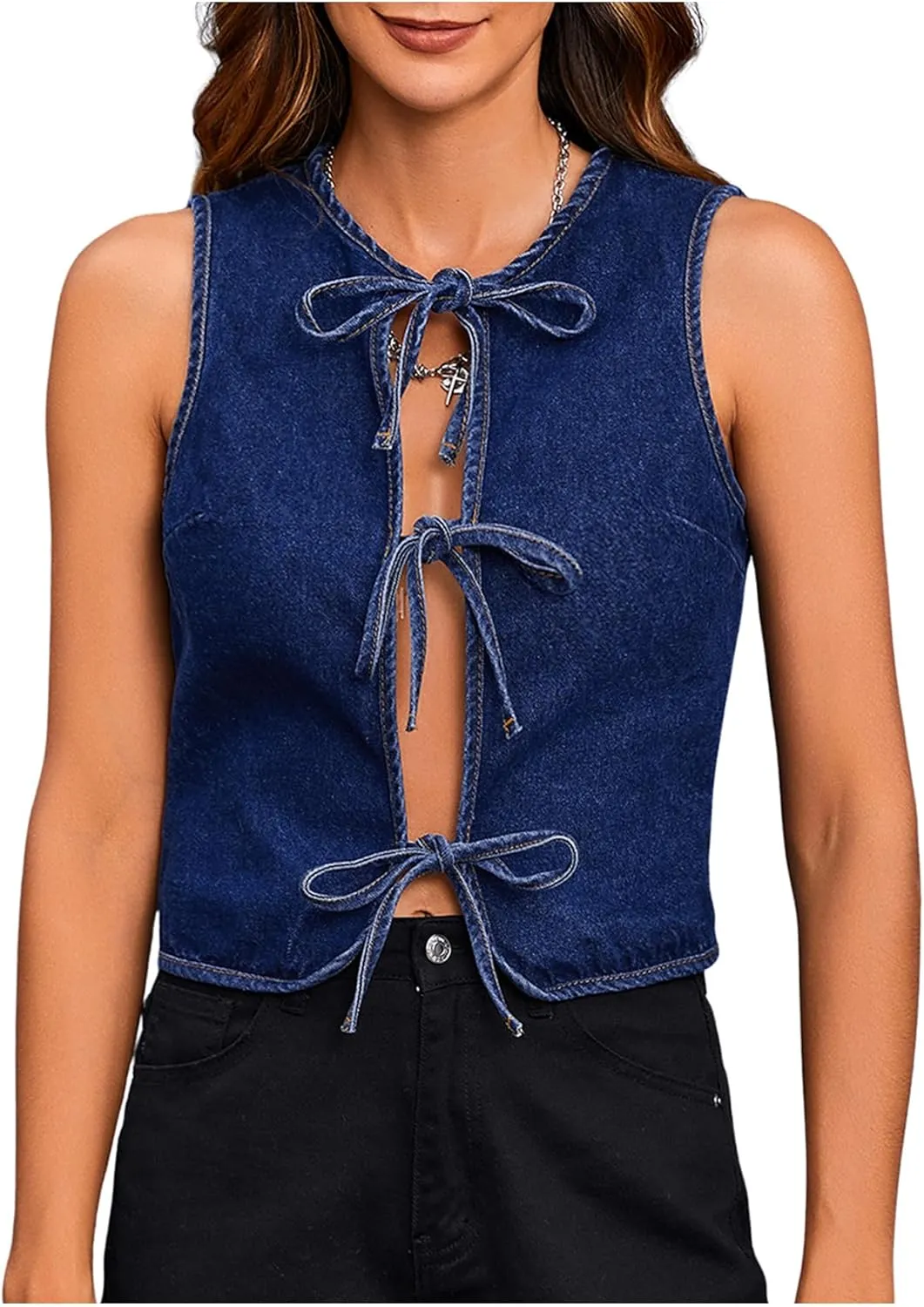 MakeMeChic Women's Jean Vest Tie Front Sleeveless Crop Denim Vest Top Jackets