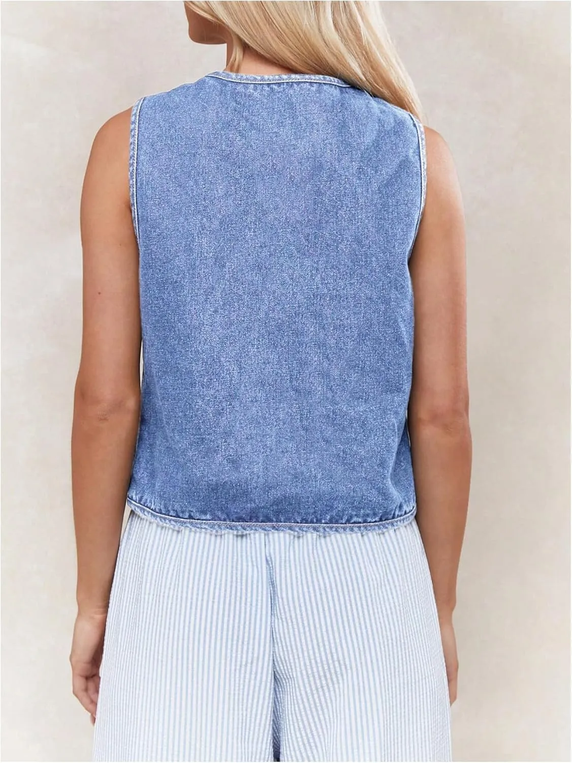 MakeMeChic Women's Jean Vest Tie Front Sleeveless Crop Denim Vest Top Jackets