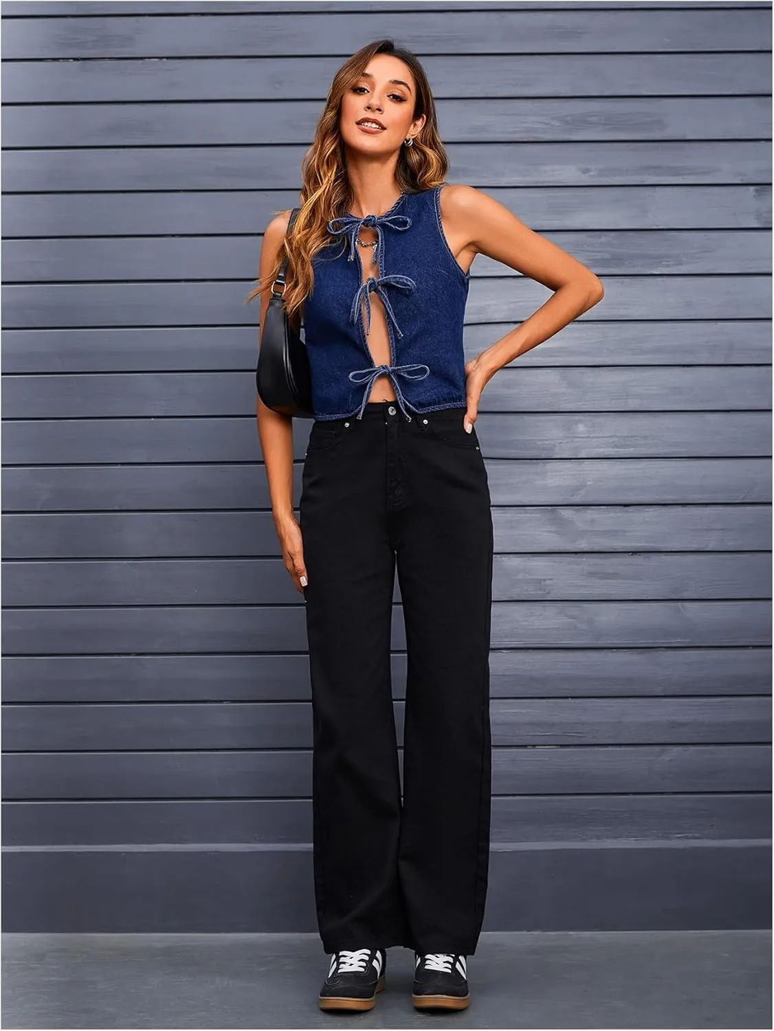 MakeMeChic Women's Jean Vest Tie Front Sleeveless Crop Denim Vest Top Jackets