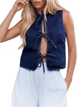 MakeMeChic Women's Jean Vest Tie Front Sleeveless Crop Denim Vest Top Jackets