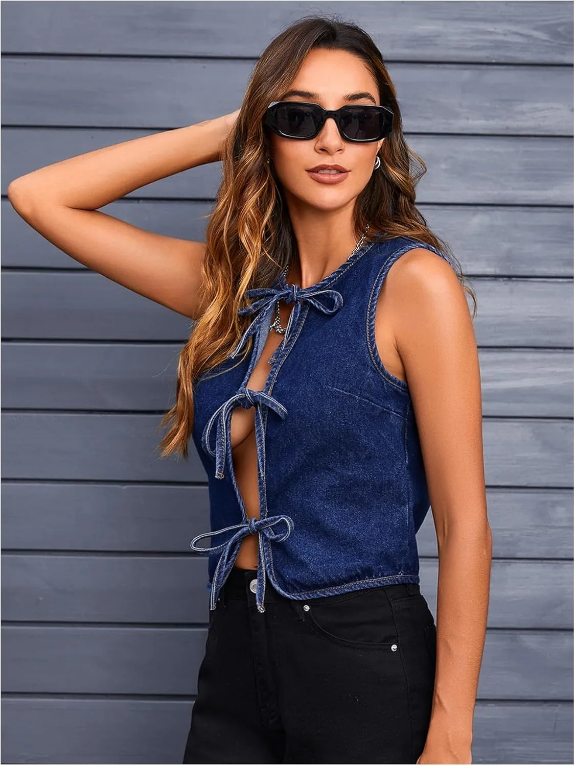 MakeMeChic Women's Jean Vest Tie Front Sleeveless Crop Denim Vest Top Jackets