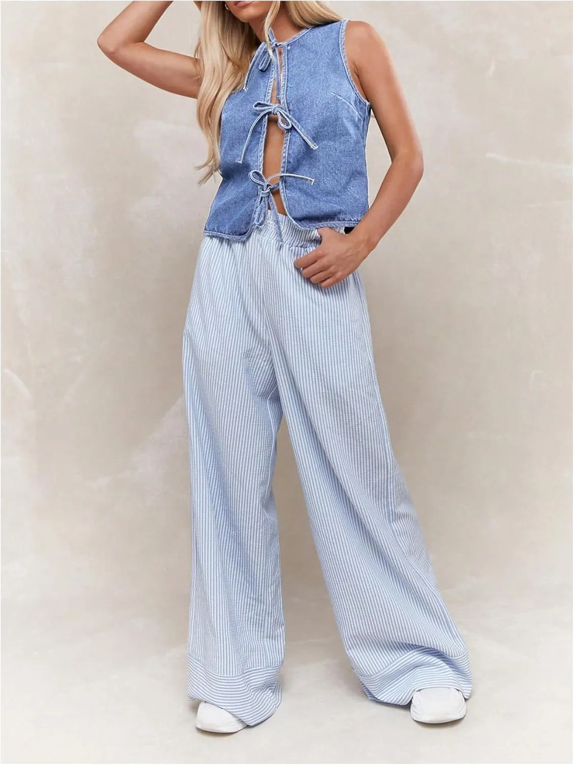 MakeMeChic Women's Jean Vest Tie Front Sleeveless Crop Denim Vest Top Jackets