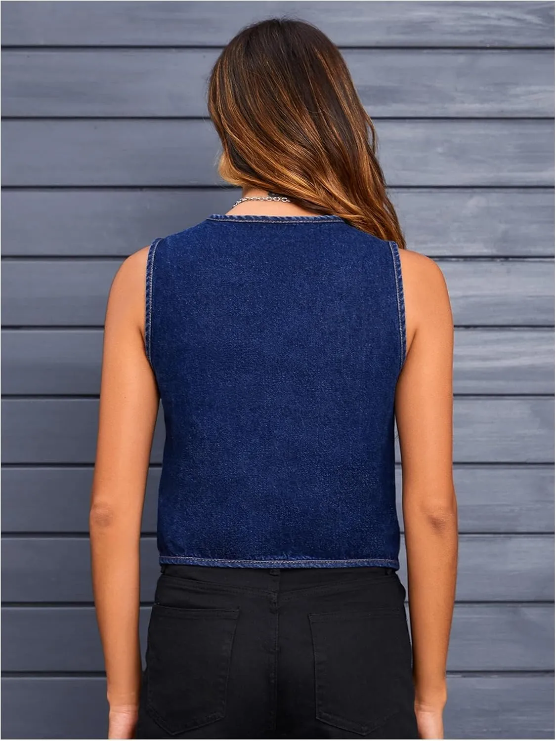 MakeMeChic Women's Jean Vest Tie Front Sleeveless Crop Denim Vest Top Jackets