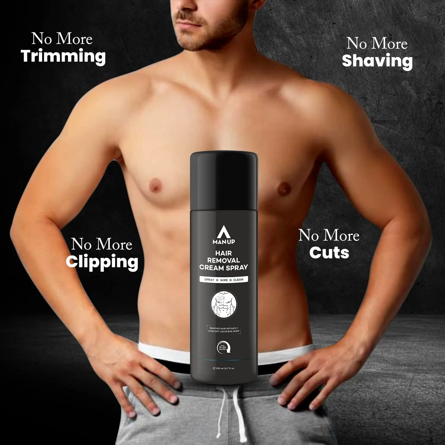 Man-Up Hair Removal Cream Spray | Painless Hair Remover Spray for Chest, Back, Armpits, Legs, Arms & Intimate Areas | Pleasant Smell | For Men – 200ml (Pack of 50)