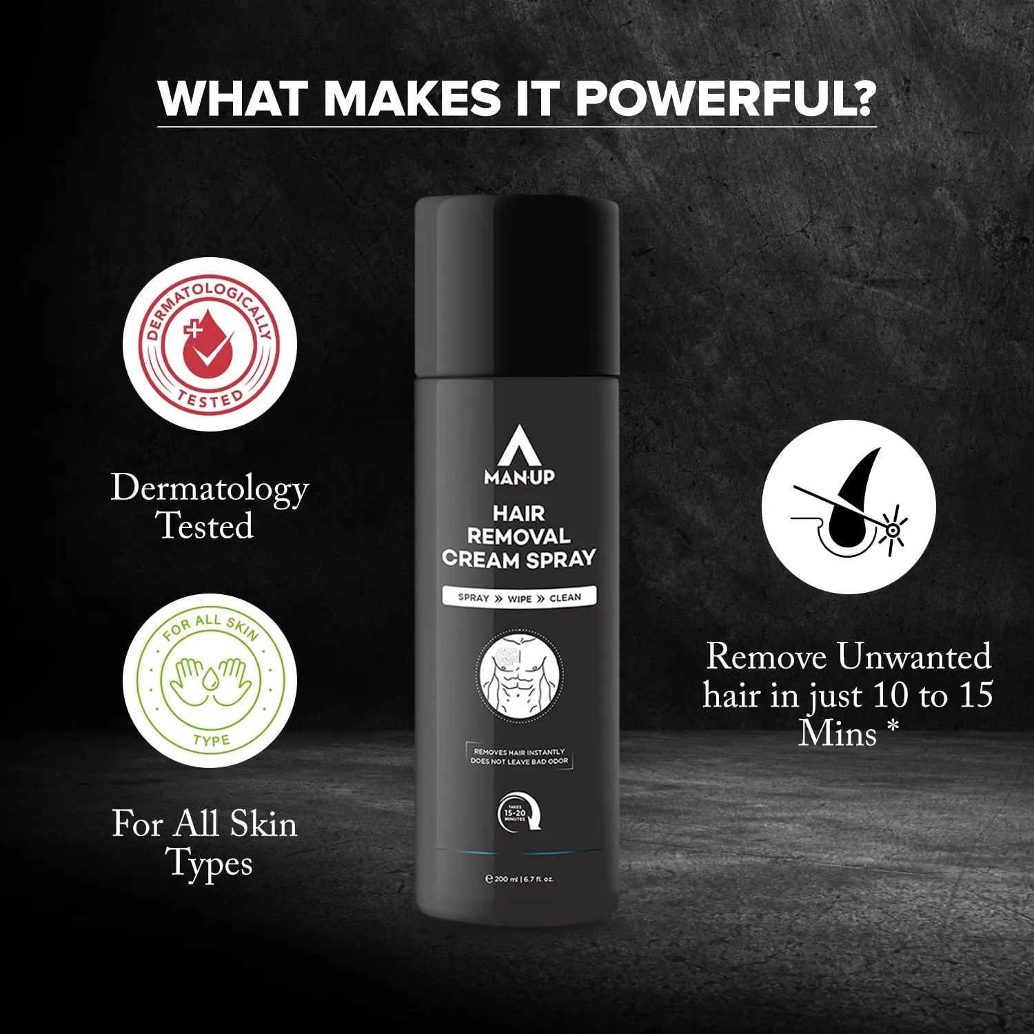 Man-Up Hair Removal Cream Spray | Painless Hair Remover Spray for Chest, Back, Armpits, Legs, Arms & Intimate Areas | Pleasant Smell | For Men – 200ml (Pack of 50)