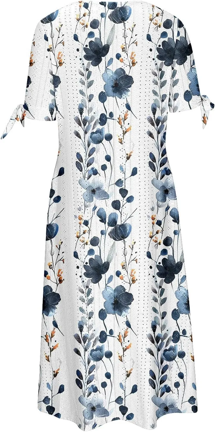 Maxi Long Dresses for Women 2025 Trendy Short Sleeve Eyelet Tshirt Dress Casual Summer Beach Vacation Sundress