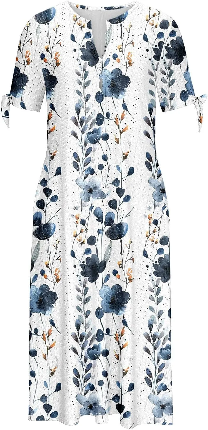Maxi Long Dresses for Women 2025 Trendy Short Sleeve Eyelet Tshirt Dress Casual Summer Beach Vacation Sundress