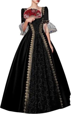 Medieval Gothic Retro Dress for Women Patchwork Plus Size Renaissance Vintage Halloween Costume Victorian Long Gowns