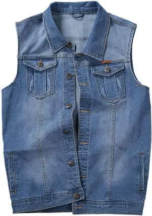 Men's Casual Button Up Denim Vest Vintage Sleeveless Jeans Vest Jacket