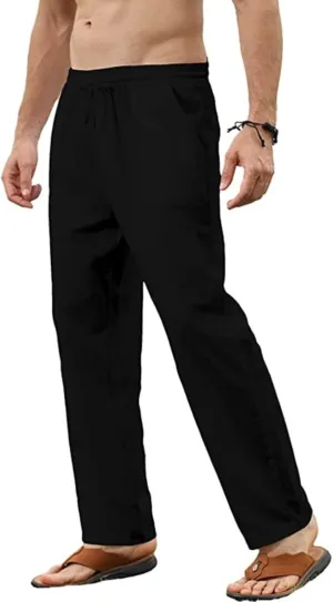 Men's Cotton Linen Pants Elastic Casual Drawstring Pant with Pockets Summer Beach Pants for Men Baggy Trousers