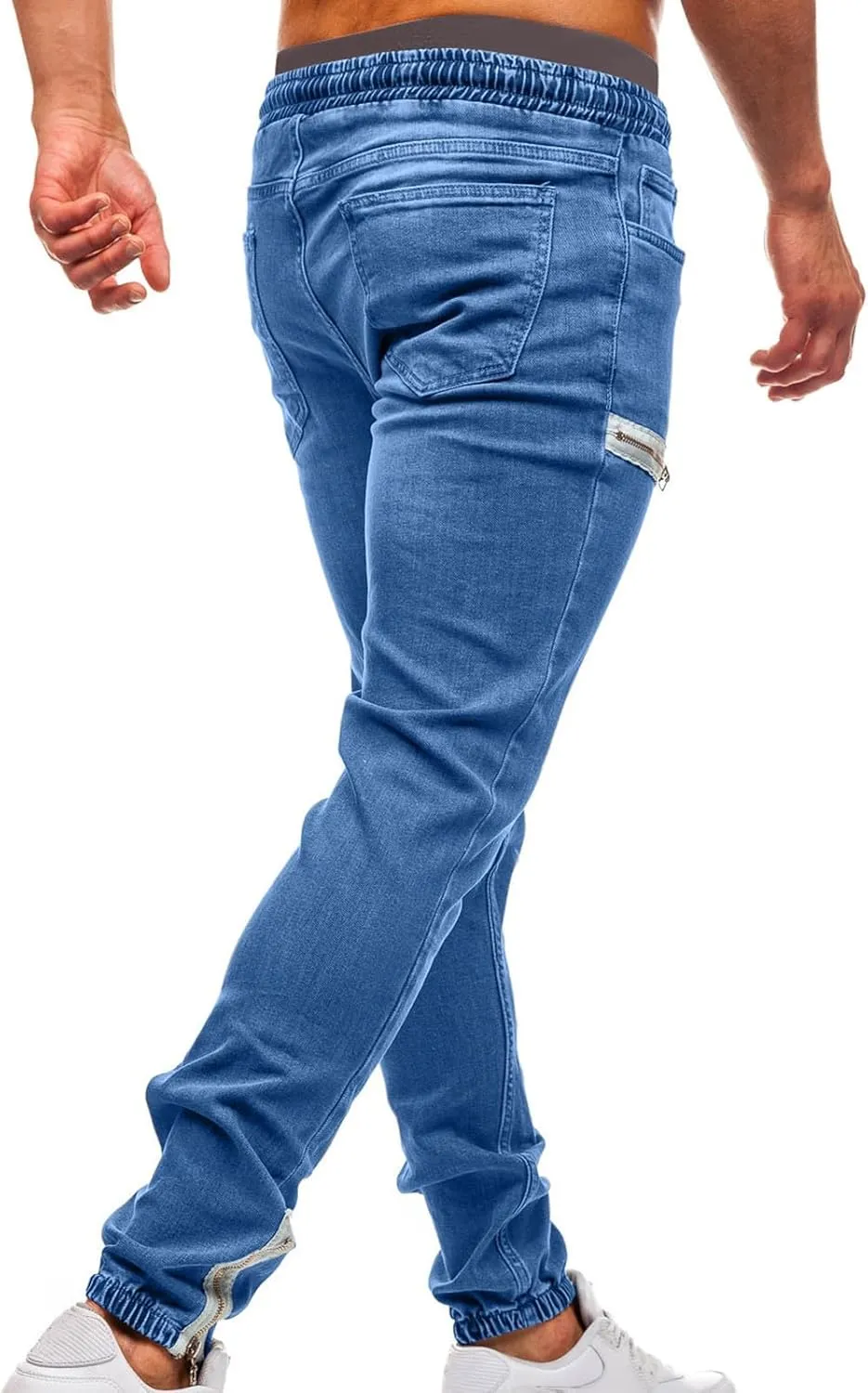 Men's Denim Jogger Pants Skinny Stretch Zipper Elastic Waist Drawstring Cargo Jeans Slim Fit Hip Hop Streetwear