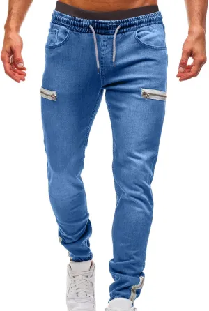 Men's Denim Jogger Pants Skinny Stretch Zipper Elastic Waist Drawstring Cargo Jeans Slim Fit Hip Hop Streetwear