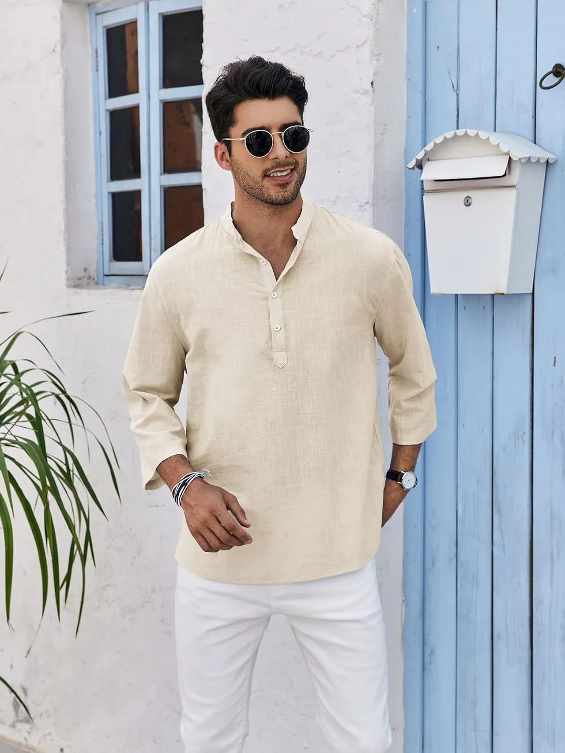 Mens Henley T-Shirt Linen Cotton Shirts Button Up Beach Tops Casual Short Sleeve Lightweight Plain Tees