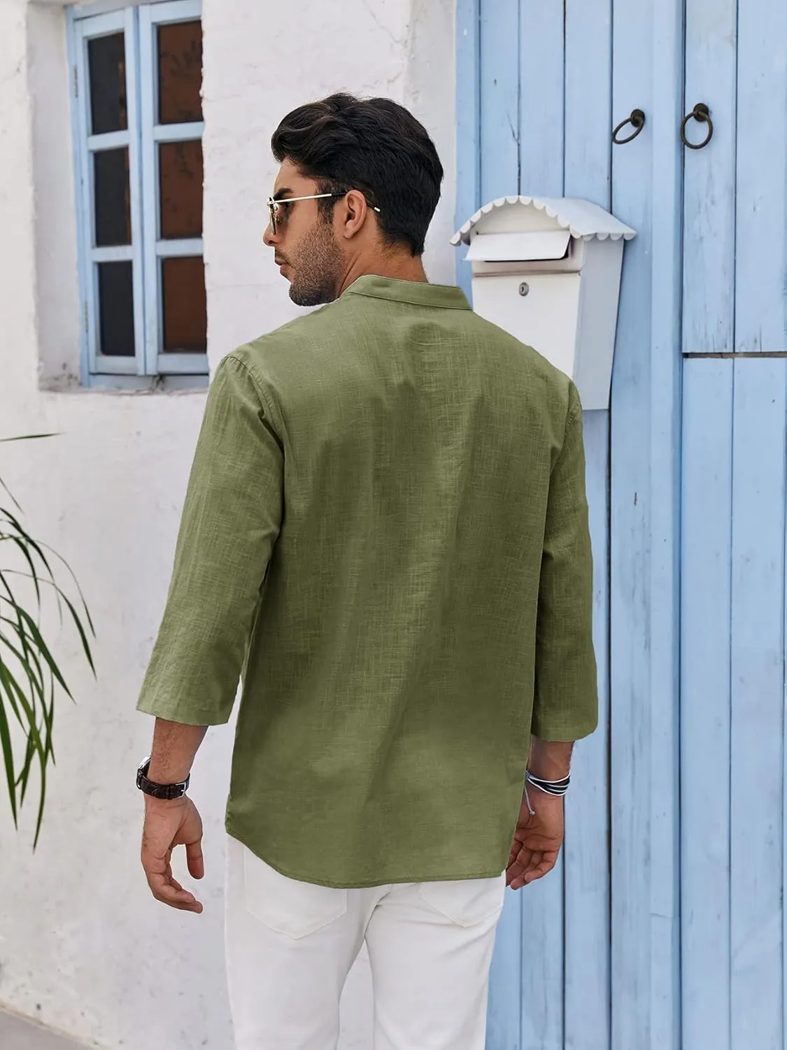 Mens Henley T-Shirt Linen Cotton Shirts Button Up Beach Tops Casual Short Sleeve Lightweight Plain Tees