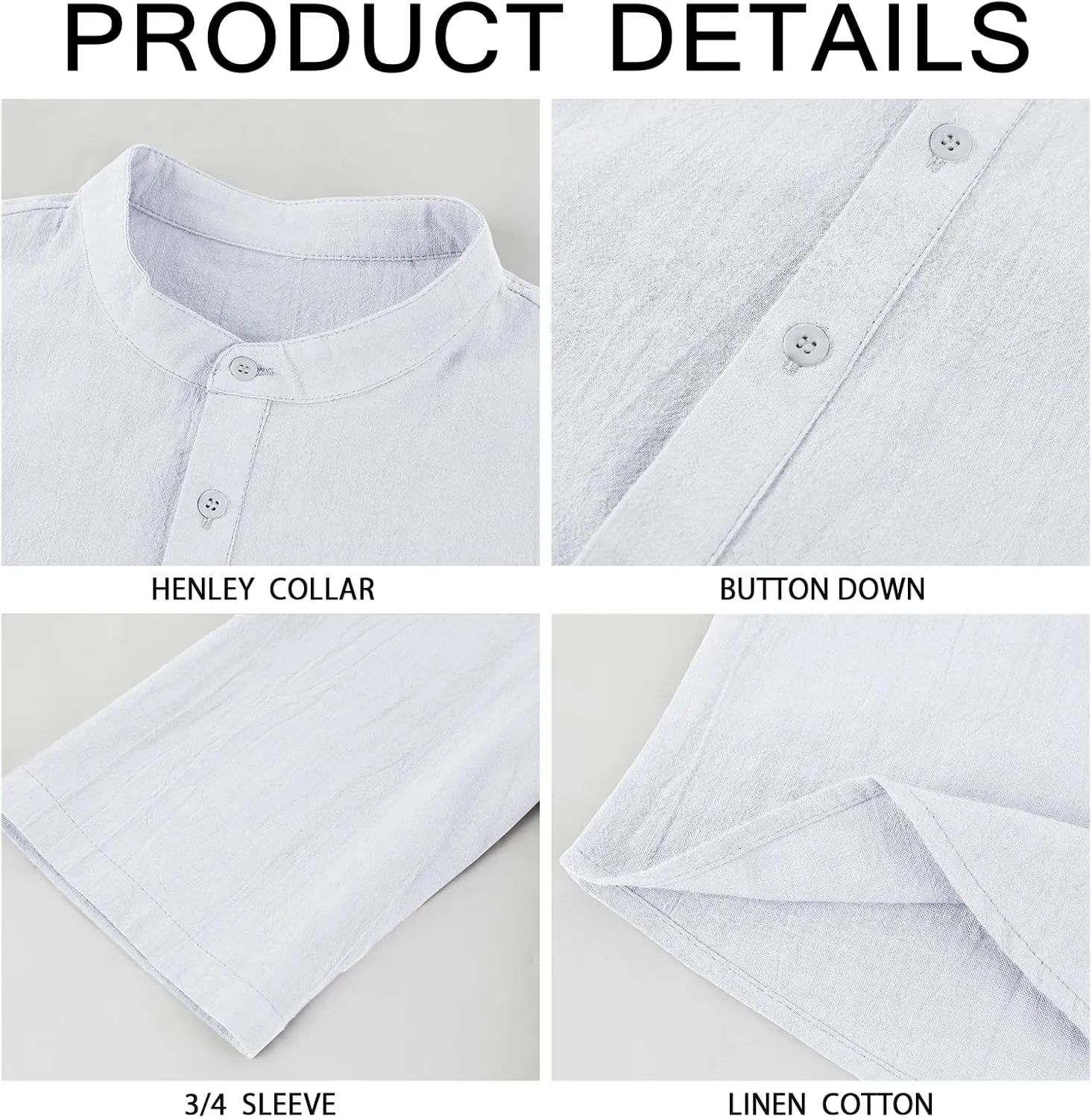 Mens Henley T-Shirt Linen Cotton Shirts Button Up Beach Tops Casual Short Sleeve Lightweight Plain Tees