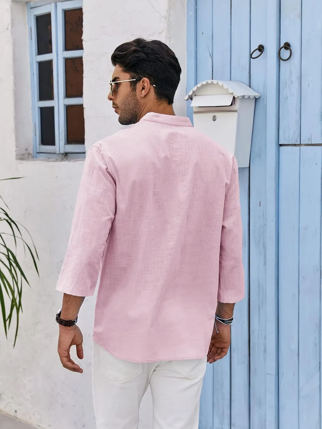 Mens Henley T-Shirt Linen Cotton Shirts Button Up Beach Tops Casual Short Sleeve Lightweight Plain Tees