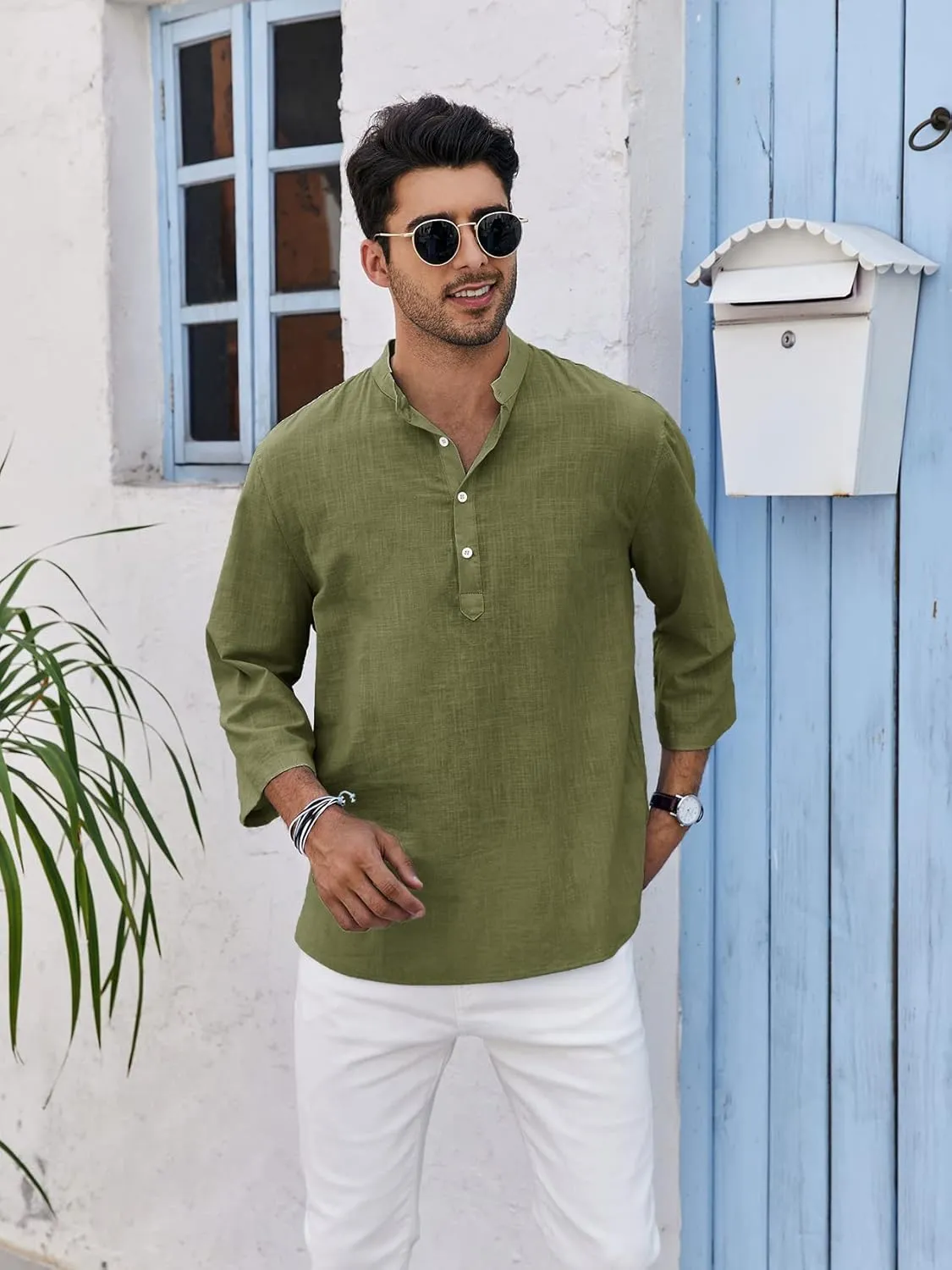 Mens Henley T-Shirt Linen Cotton Shirts Button Up Beach Tops Casual Short Sleeve Lightweight Plain Tees