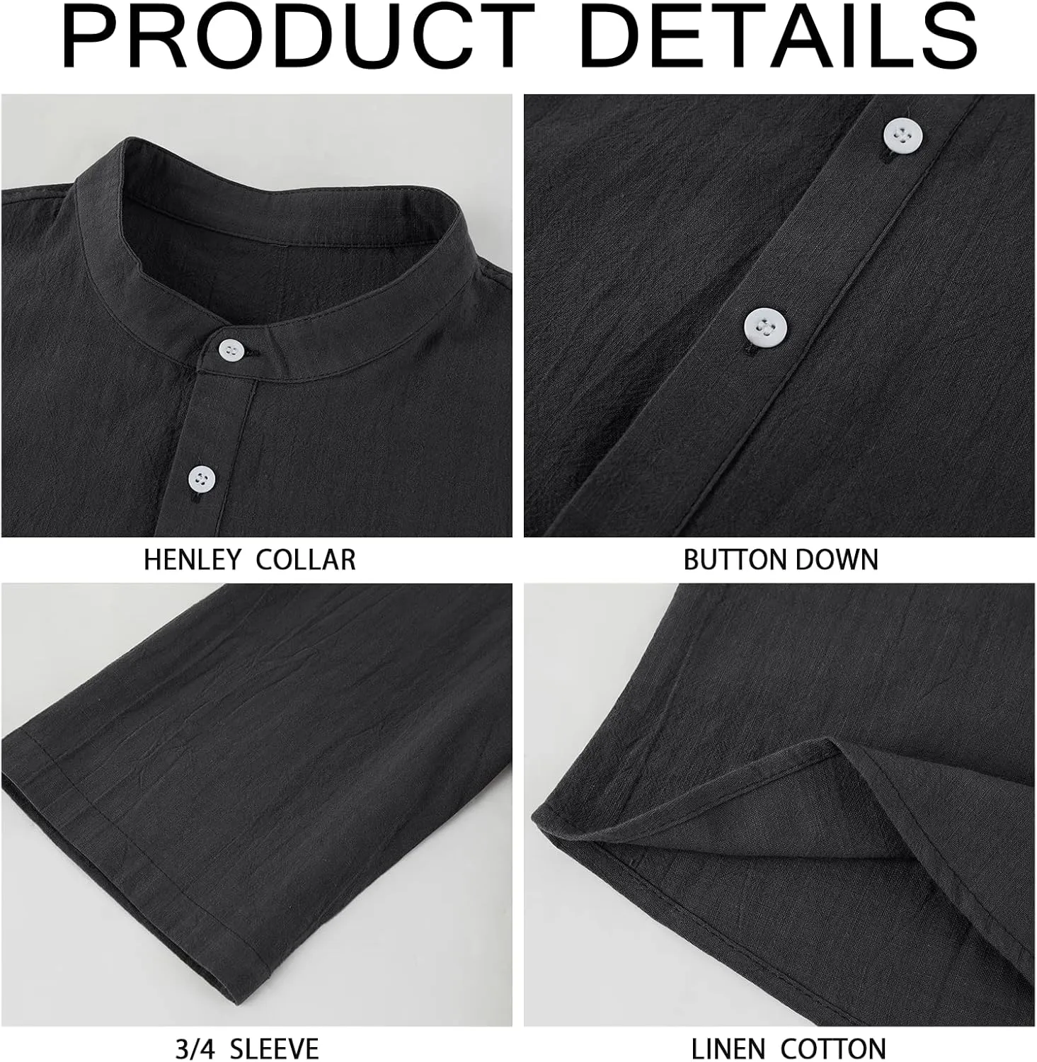 Mens Henley T-Shirt Linen Cotton Shirts Button Up Beach Tops Casual Short Sleeve Lightweight Plain Tees