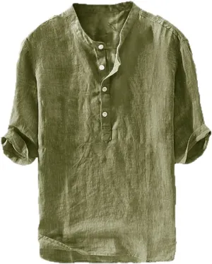 Mens Henley T-Shirt Linen Cotton Shirts Button Up Beach Tops Casual Short Sleeve Lightweight Plain Tees