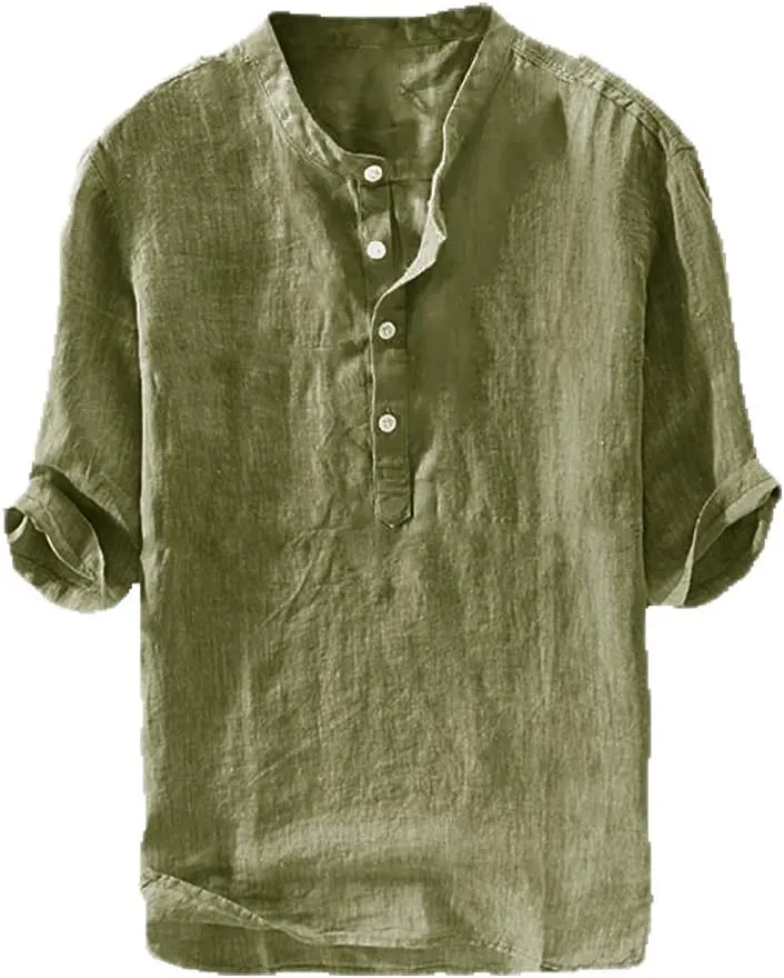 Mens Henley T-Shirt Linen Cotton Shirts Button Up Beach Tops Casual Short Sleeve Lightweight Plain Tees