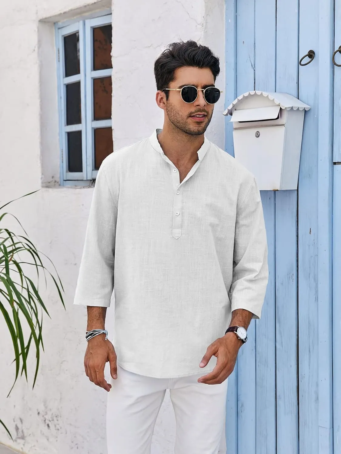 Mens Henley T-Shirt Linen Cotton Shirts Button Up Beach Tops Casual Short Sleeve Lightweight Plain Tees