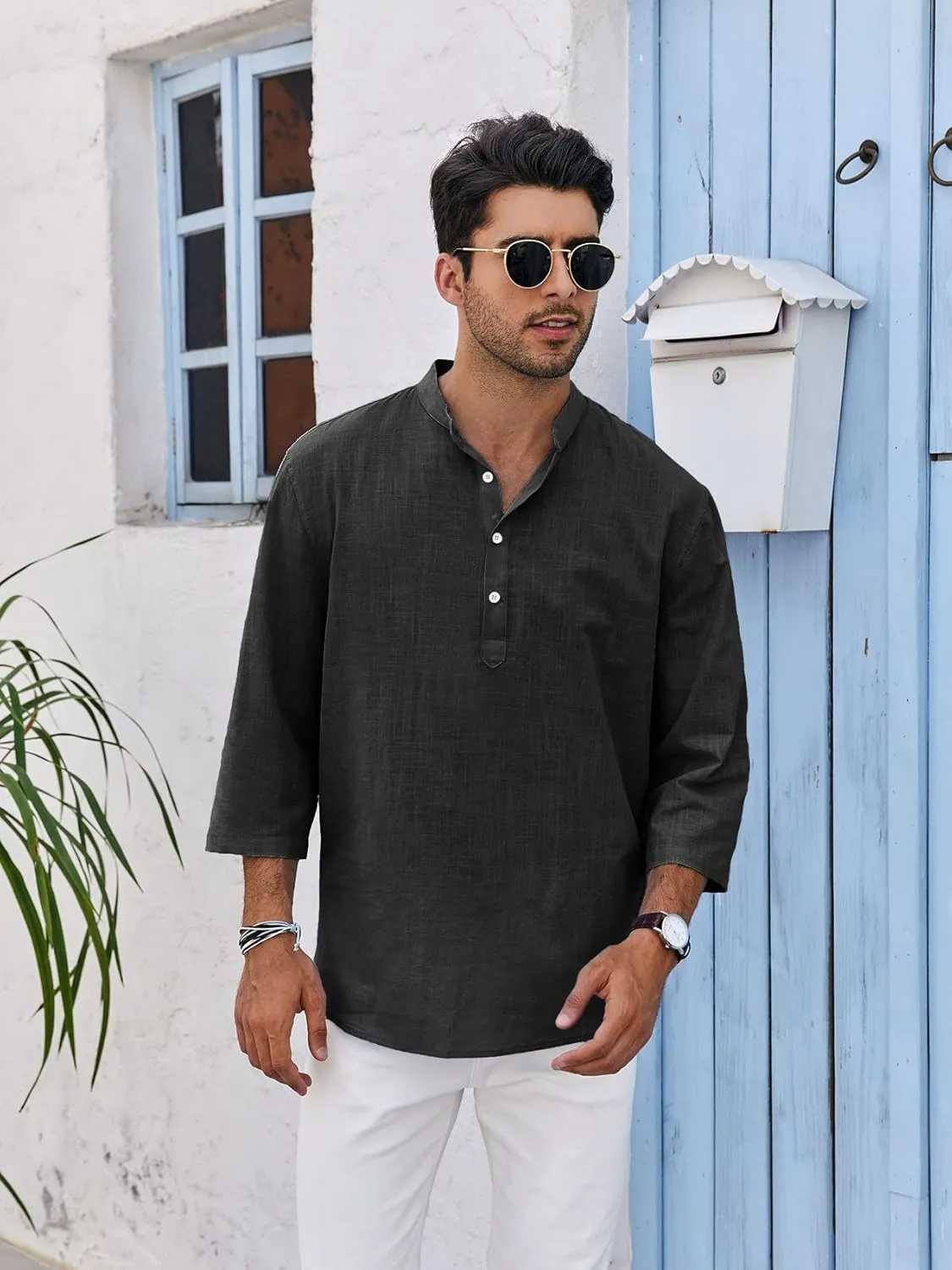 Mens Henley T-Shirt Linen Cotton Shirts Button Up Beach Tops Casual Short Sleeve Lightweight Plain Tees