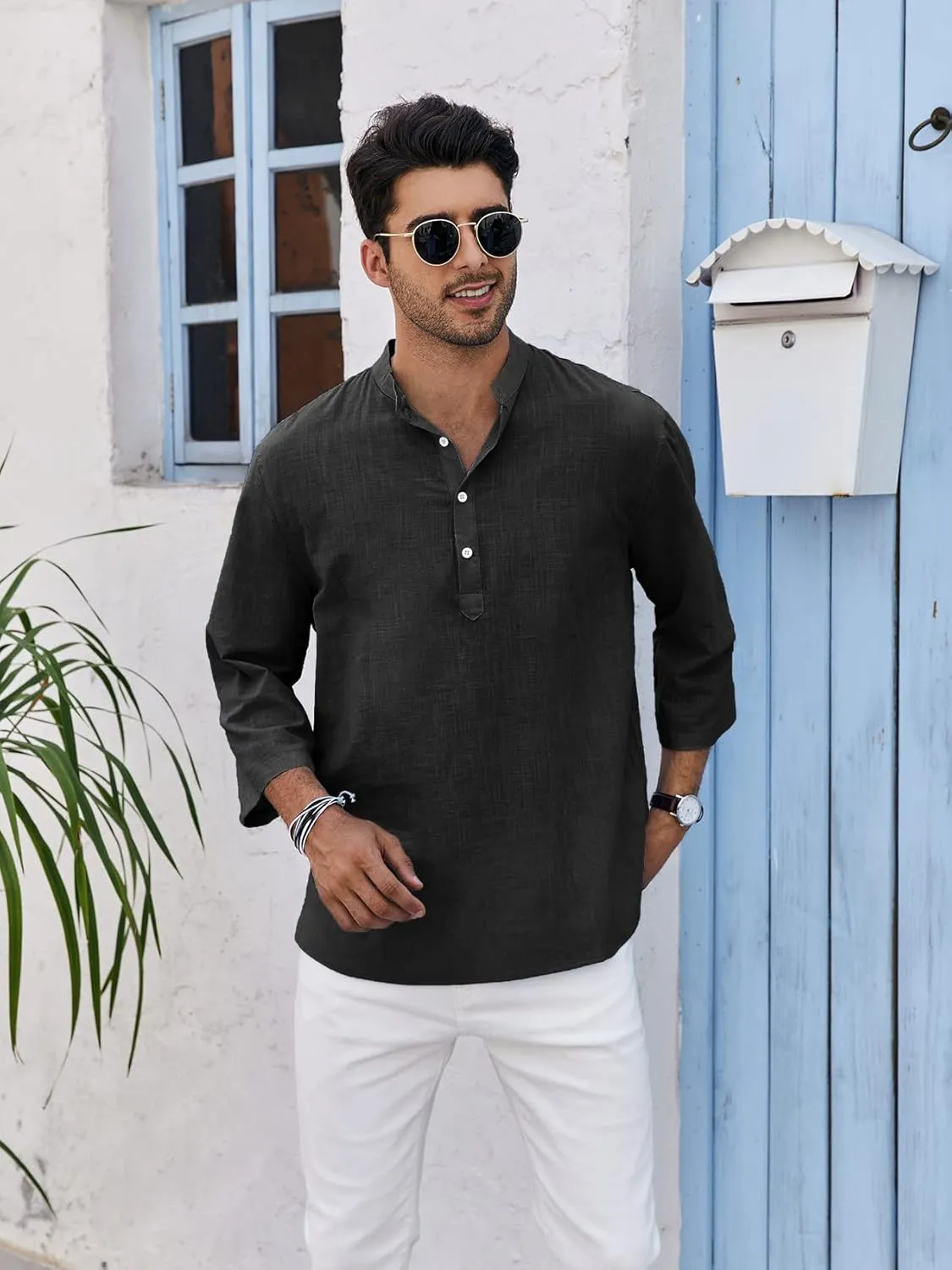 Mens Henley T-Shirt Linen Cotton Shirts Button Up Beach Tops Casual Short Sleeve Lightweight Plain Tees