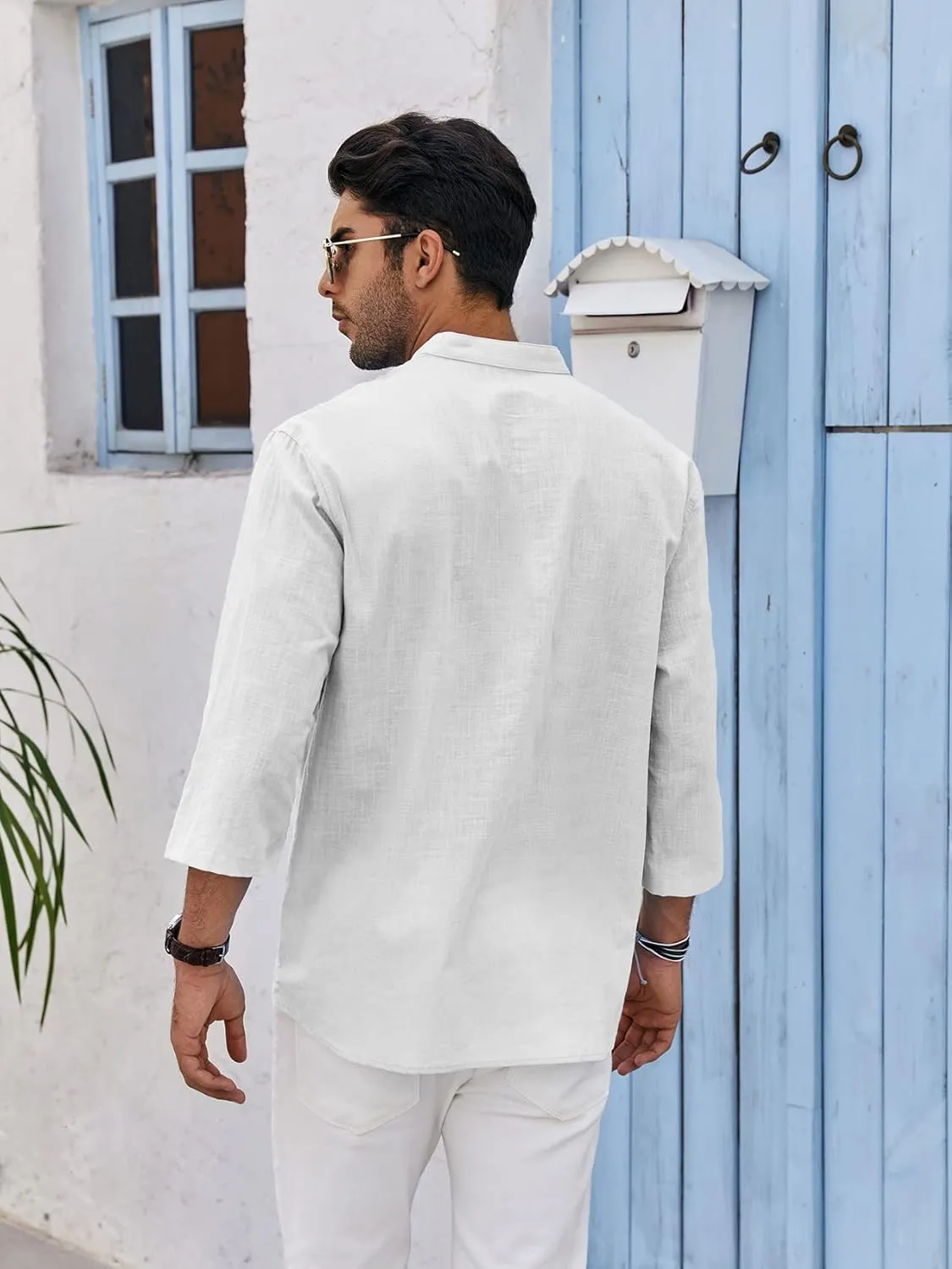Mens Henley T-Shirt Linen Cotton Shirts Button Up Beach Tops Casual Short Sleeve Lightweight Plain Tees