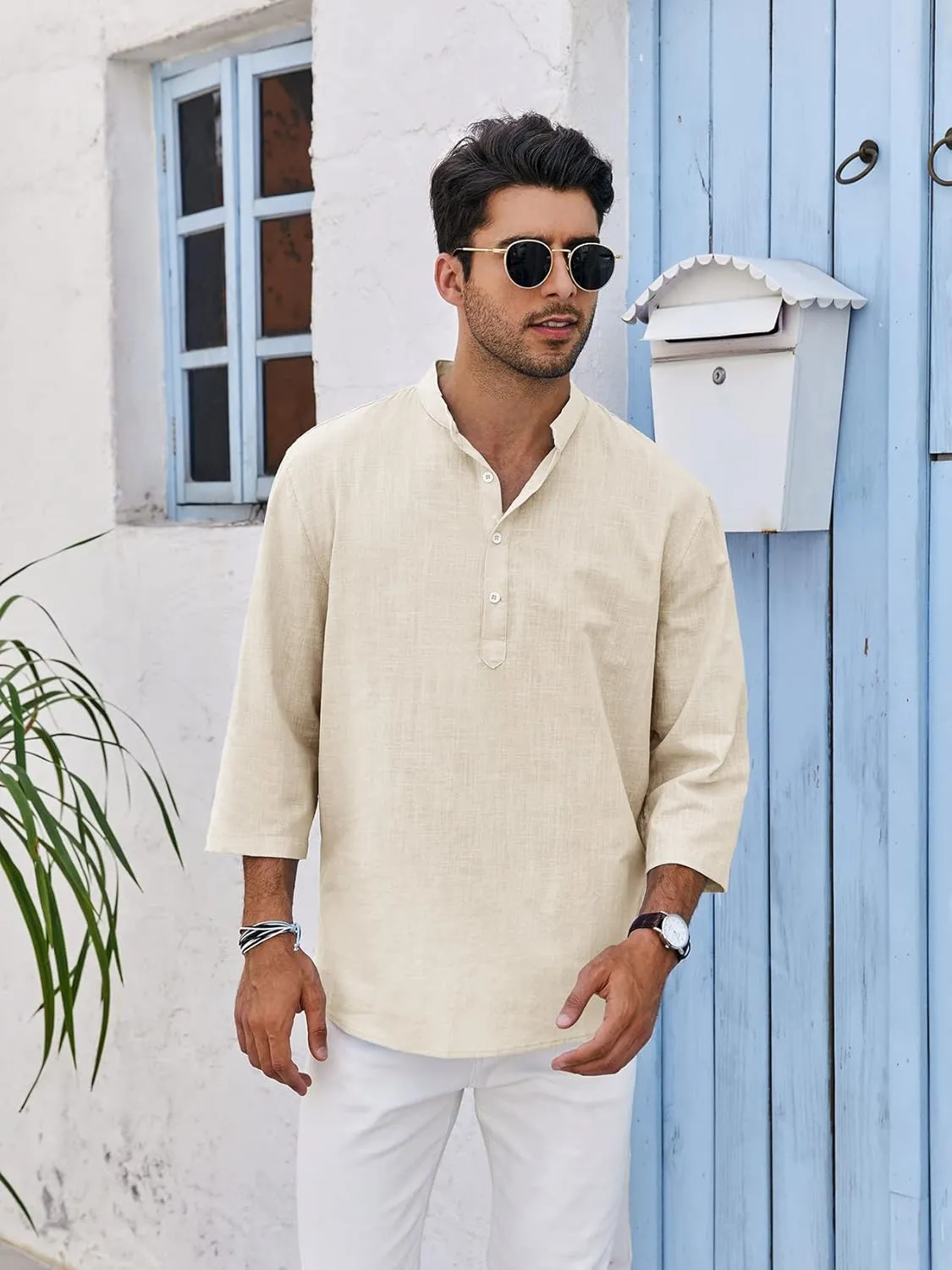 Mens Henley T-Shirt Linen Cotton Shirts Button Up Beach Tops Casual Short Sleeve Lightweight Plain Tees