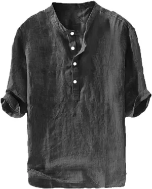 Mens Henley T-Shirt Linen Cotton Shirts Button Up Beach Tops Casual Short Sleeve Lightweight Plain Tees