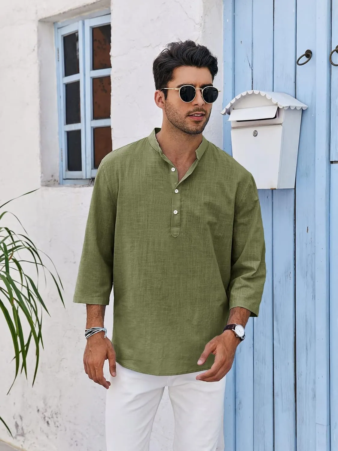 Mens Henley T-Shirt Linen Cotton Shirts Button Up Beach Tops Casual Short Sleeve Lightweight Plain Tees