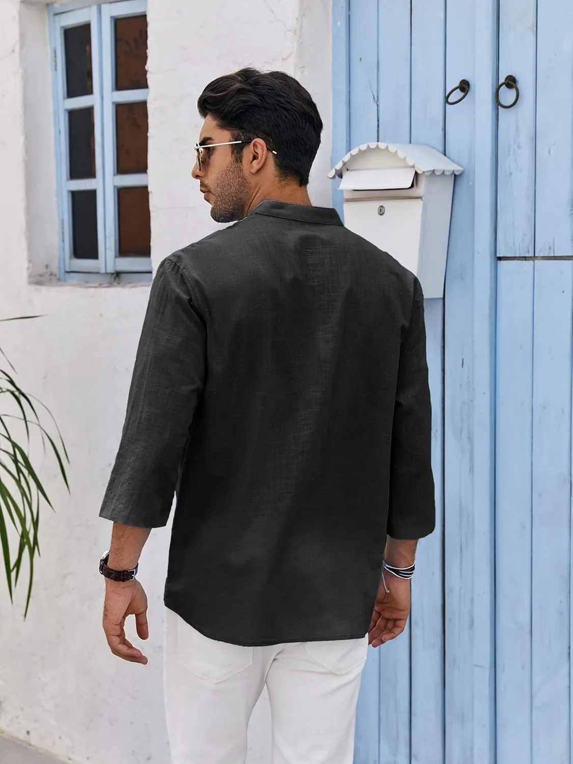 Mens Henley T-Shirt Linen Cotton Shirts Button Up Beach Tops Casual Short Sleeve Lightweight Plain Tees