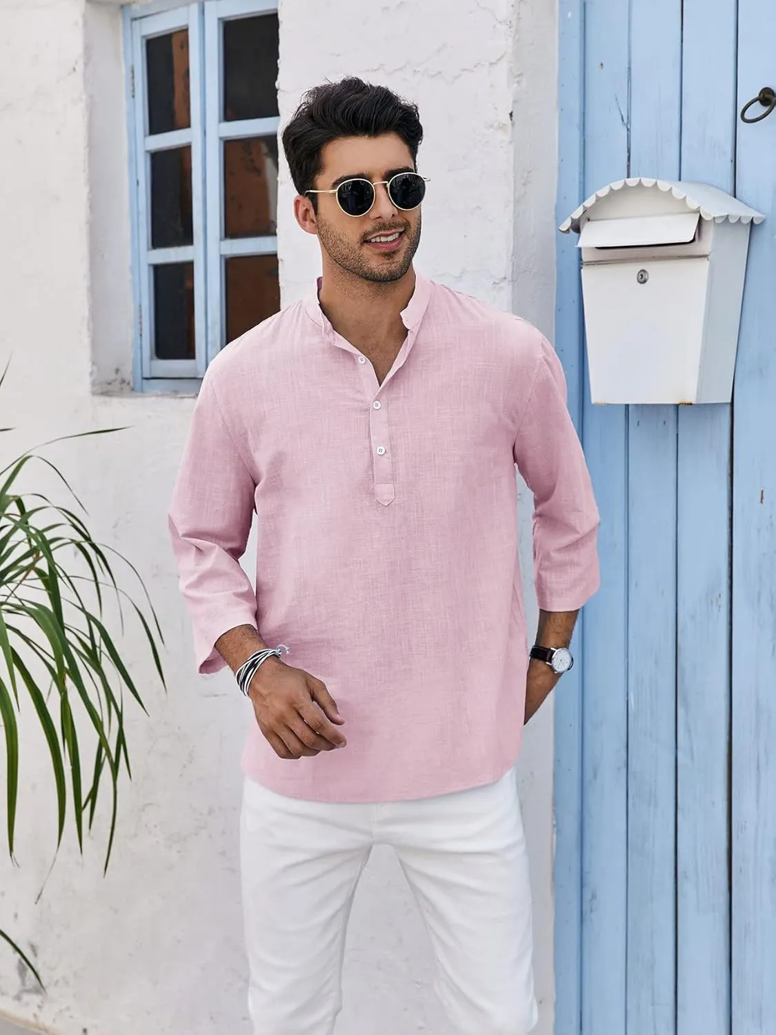 Mens Henley T-Shirt Linen Cotton Shirts Button Up Beach Tops Casual Short Sleeve Lightweight Plain Tees
