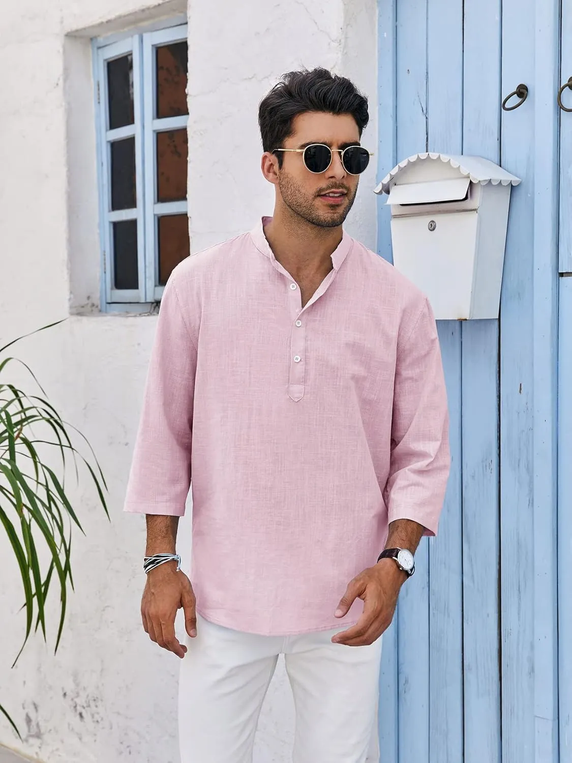 Mens Henley T-Shirt Linen Cotton Shirts Button Up Beach Tops Casual Short Sleeve Lightweight Plain Tees
