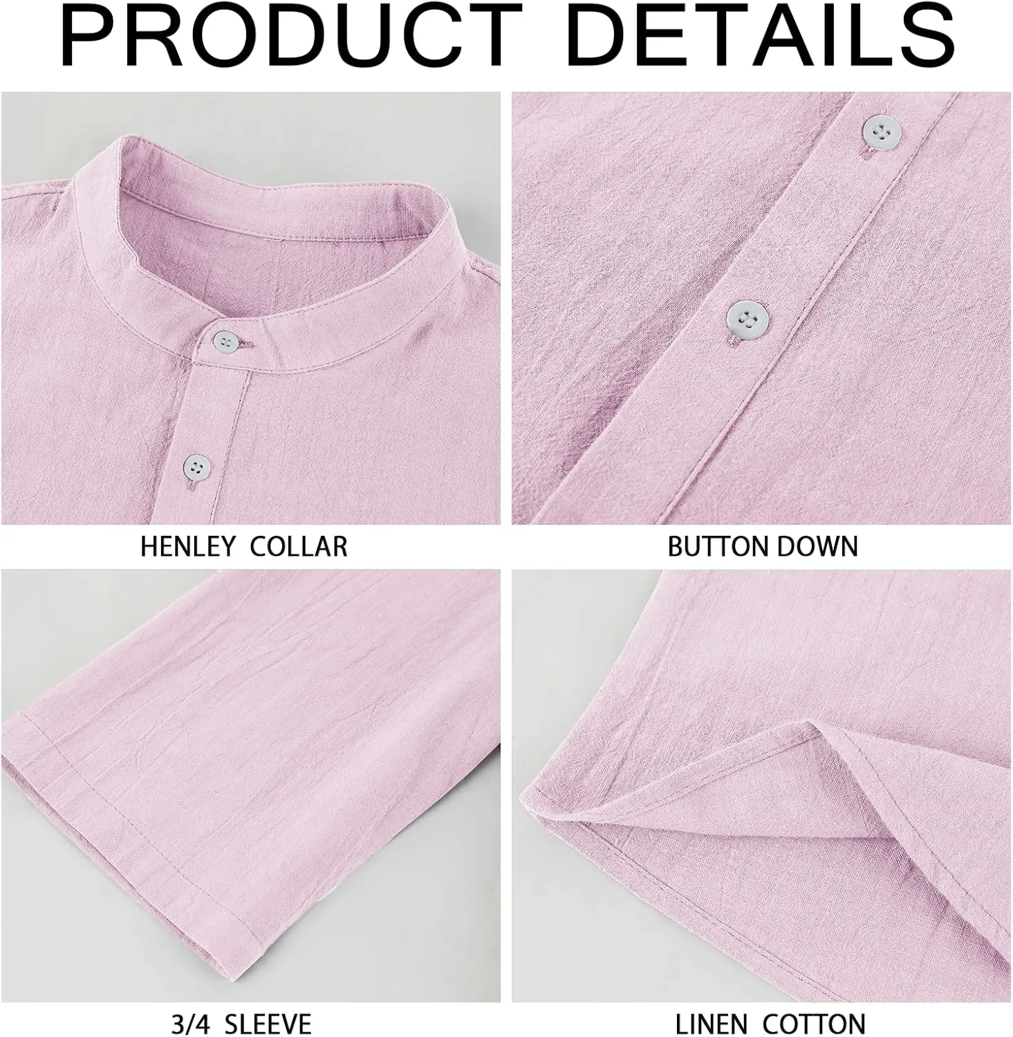 Mens Henley T-Shirt Linen Cotton Shirts Button Up Beach Tops Casual Short Sleeve Lightweight Plain Tees