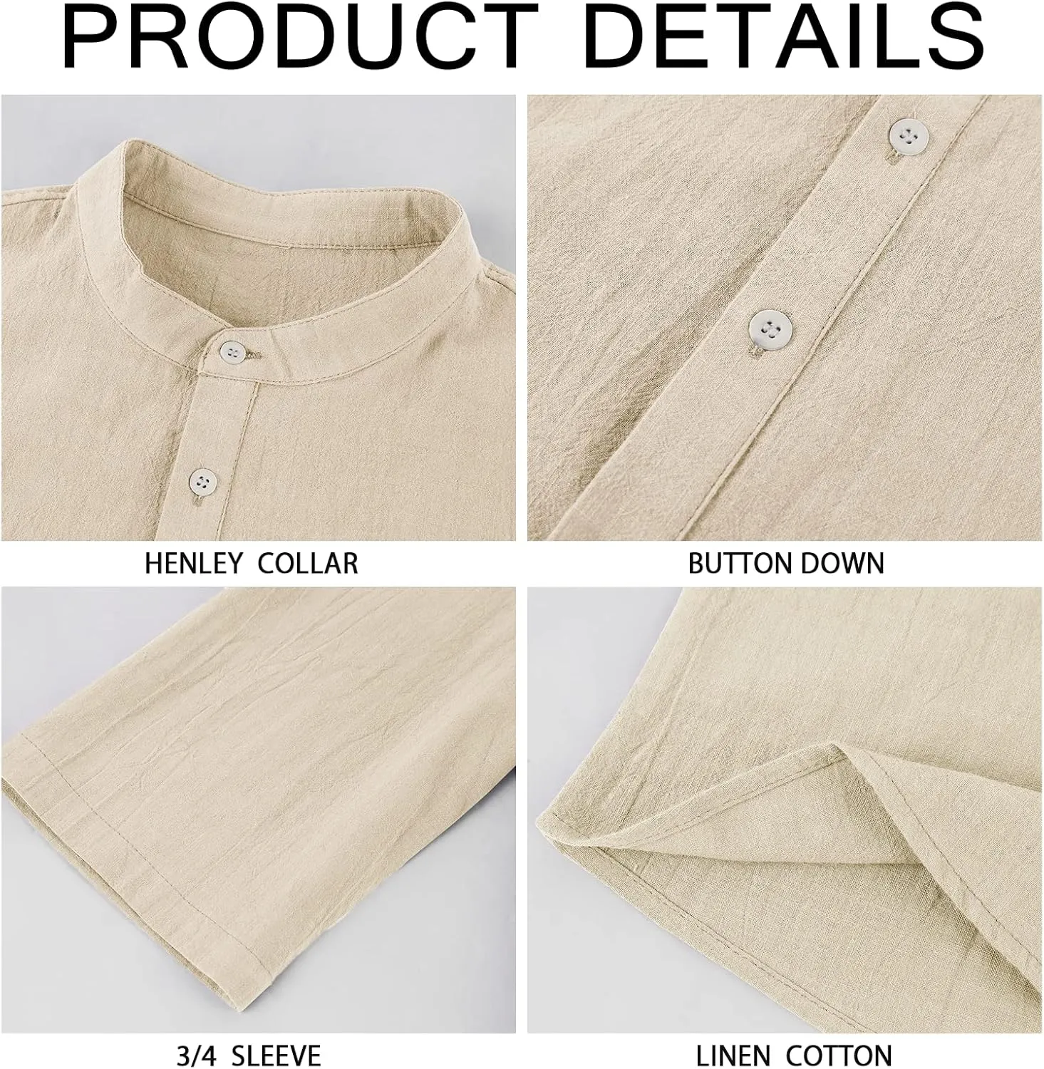 Mens Henley T-Shirt Linen Cotton Shirts Button Up Beach Tops Casual Short Sleeve Lightweight Plain Tees