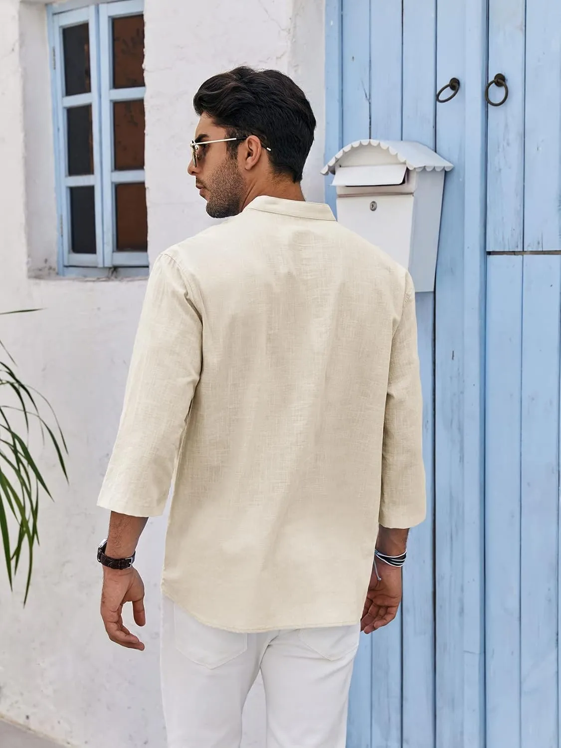 Mens Henley T-Shirt Linen Cotton Shirts Button Up Beach Tops Casual Short Sleeve Lightweight Plain Tees