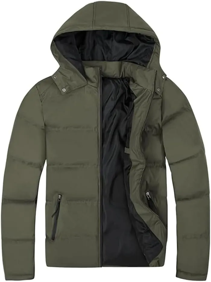 Men's Lightweight Hooded Puffer Jackets Stand Collar Shiny Down Jacket Thick Winter Parka Jacket