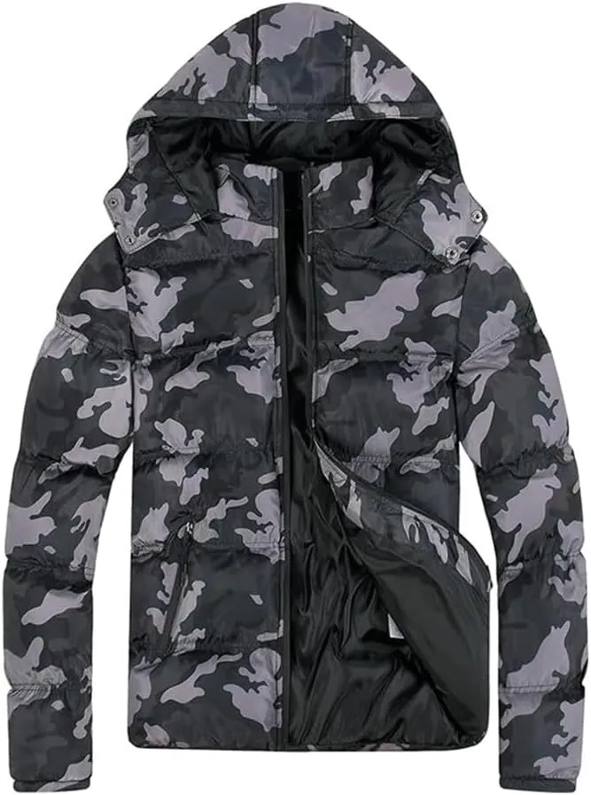 Men's Lightweight Hooded Puffer Jackets Stand Collar Shiny Down Jacket Thick Winter Parka Jacket