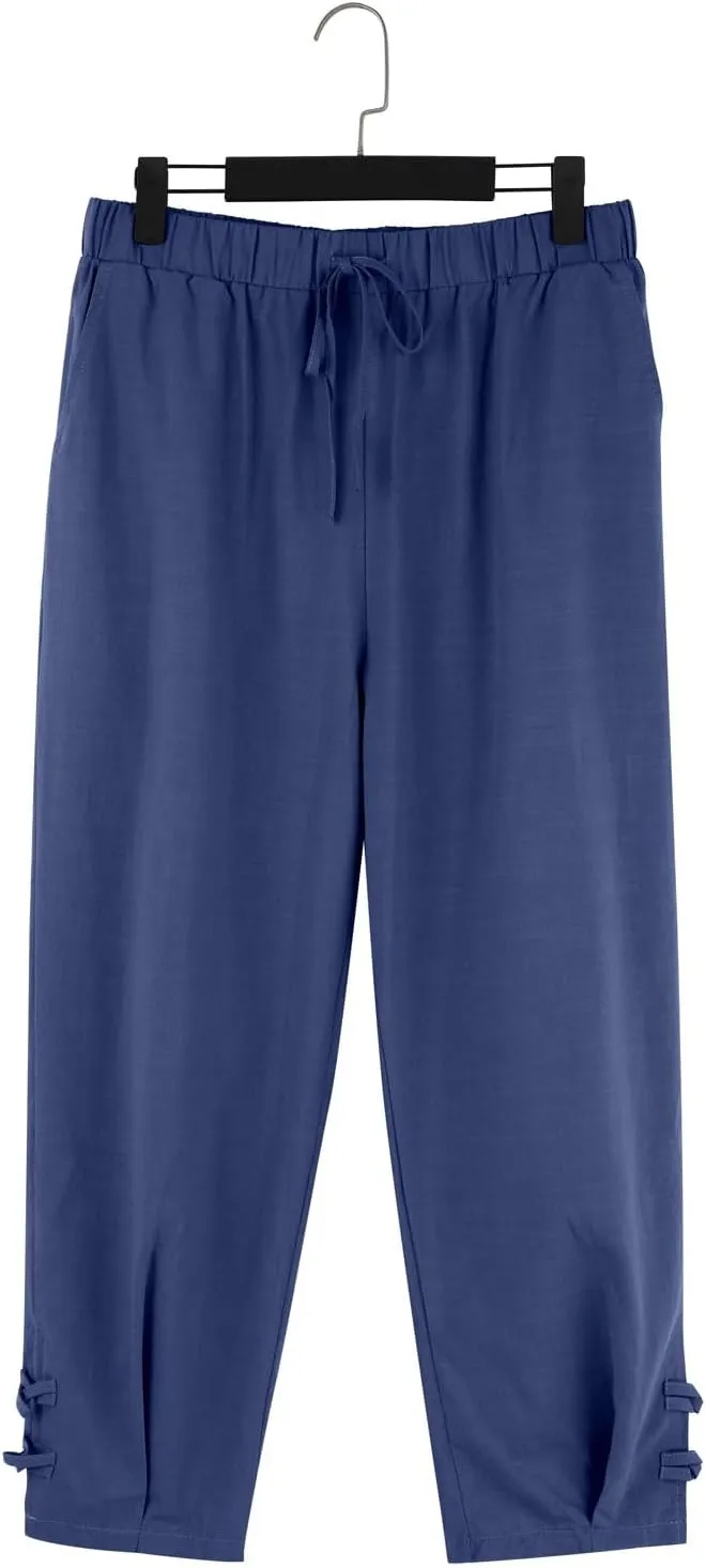 Men's Linen Casual Pants with Pockets Summer Elastic Waist Basic Capris Solid Leisure Athletic Five Short Pant Big and Tall