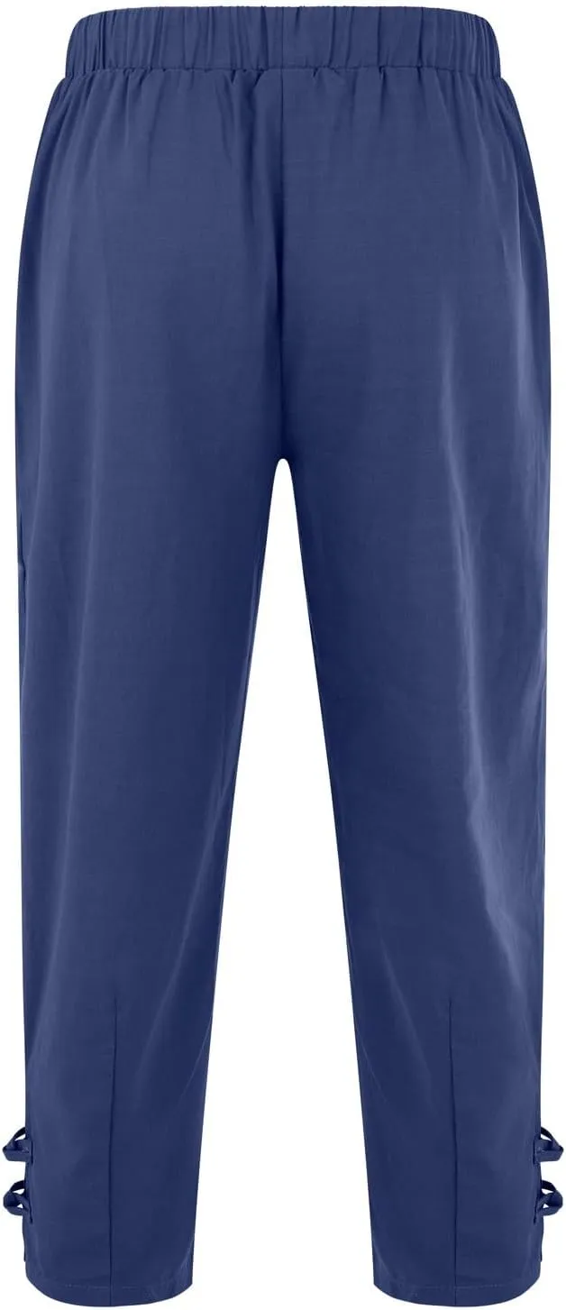 Men's Linen Casual Pants with Pockets Summer Elastic Waist Basic Capris Solid Leisure Athletic Five Short Pant Big and Tall