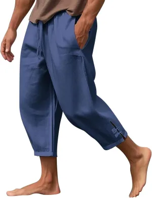Men's Linen Casual Pants with Pockets Summer Elastic Waist Basic Capris Solid Leisure Athletic Five Short Pant Big and Tall