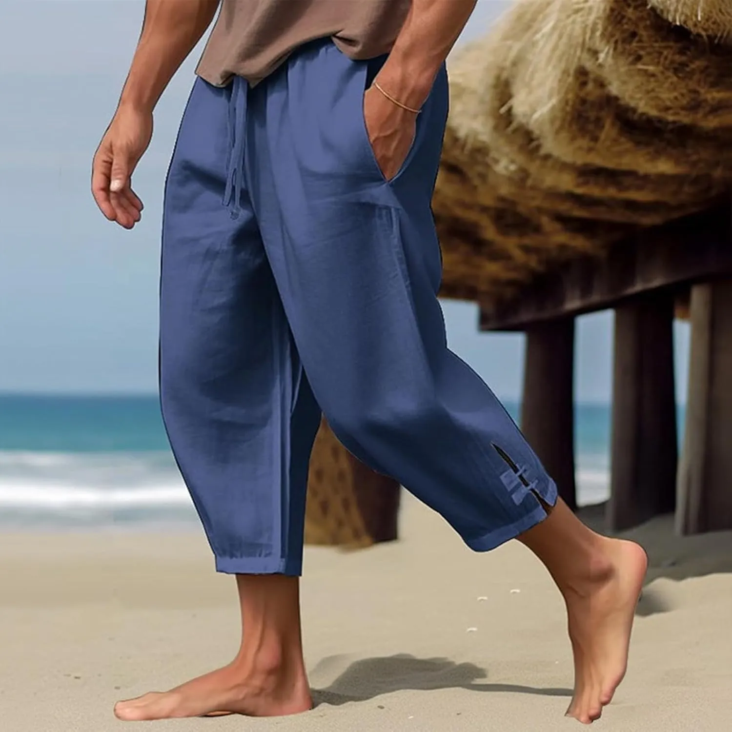 Men's Linen Casual Pants with Pockets Summer Elastic Waist Basic Capris Solid Leisure Athletic Five Short Pant Big and Tall