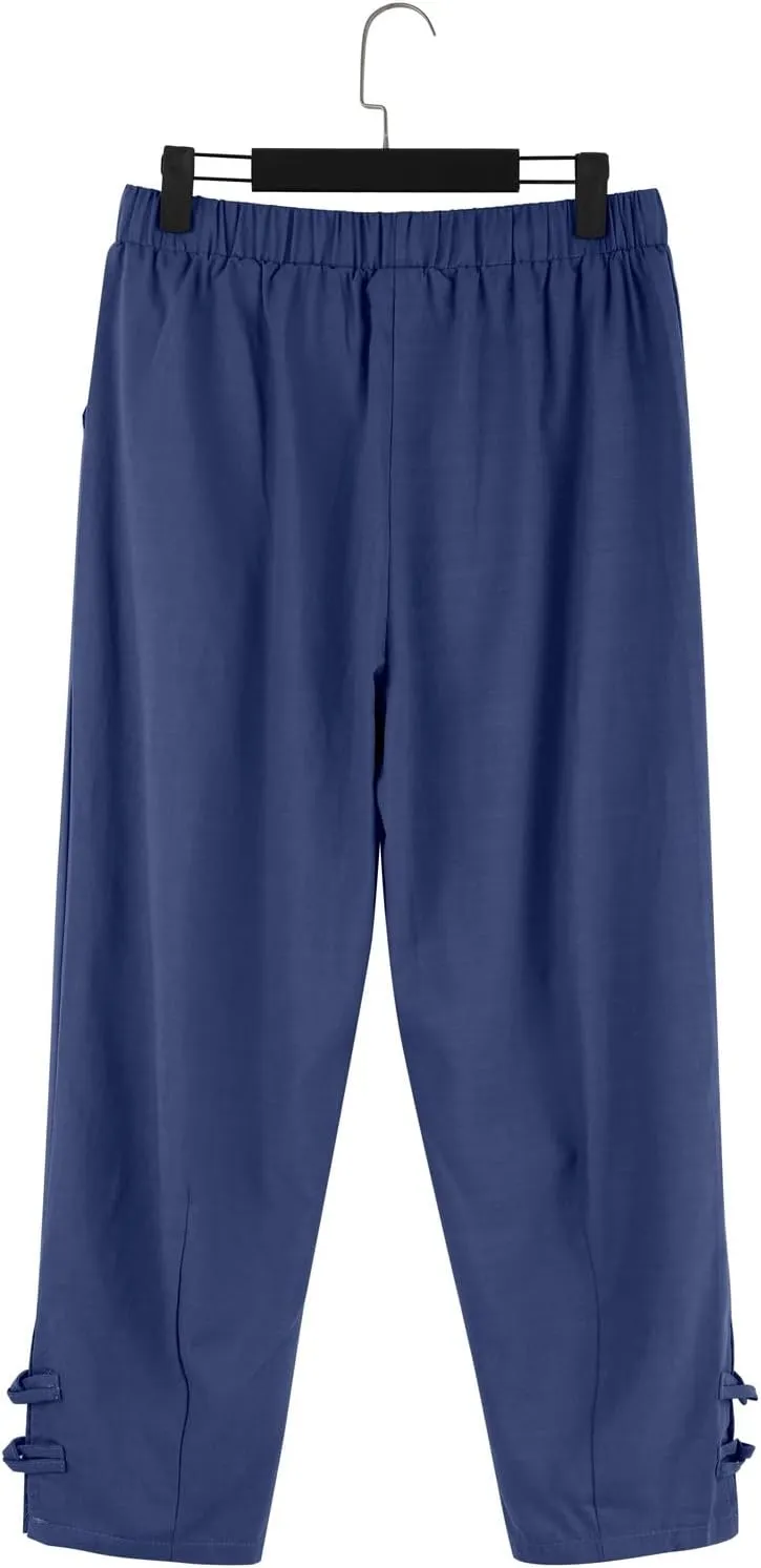 Men's Linen Casual Pants with Pockets Summer Elastic Waist Basic Capris Solid Leisure Athletic Five Short Pant Big and Tall
