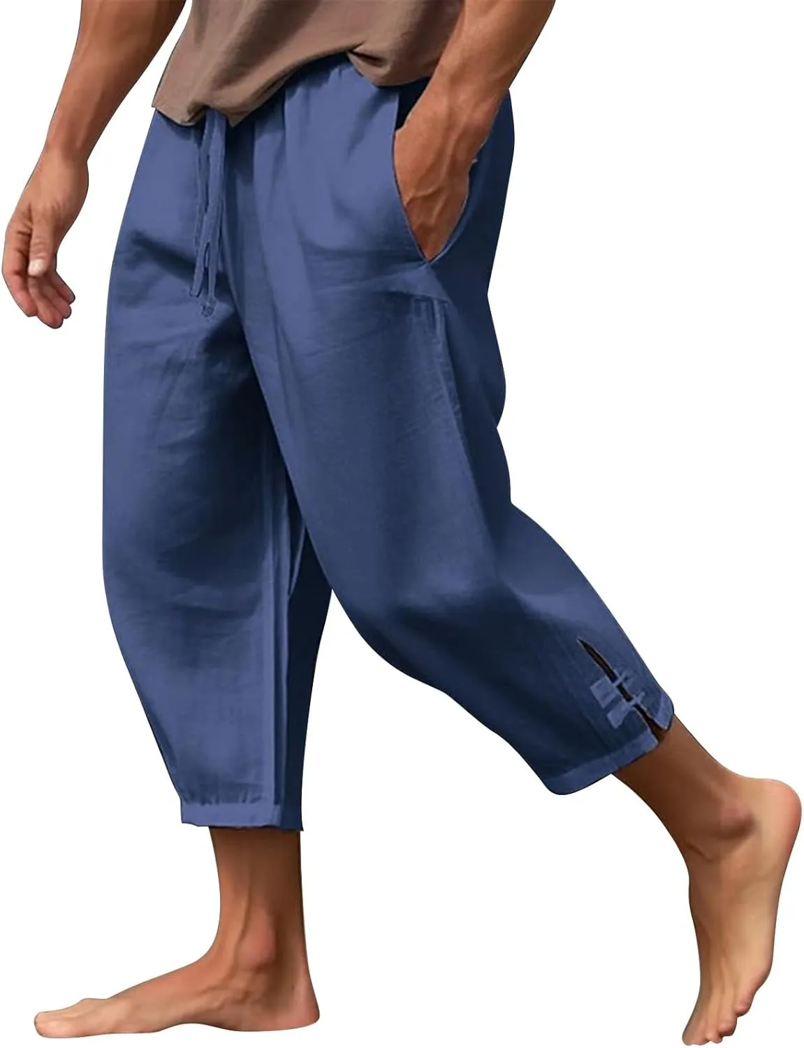 Men's Linen Casual Pants with Pockets Summer Elastic Waist Basic Capris Solid Leisure Athletic Five Short Pant Big and Tall