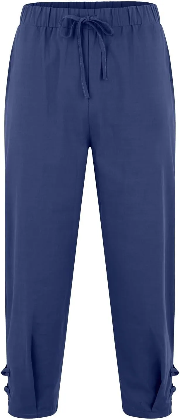 Men's Linen Casual Pants with Pockets Summer Elastic Waist Basic Capris Solid Leisure Athletic Five Short Pant Big and Tall