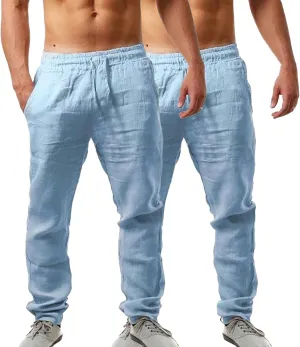 Mens Linen Pants Yoga Beach Loose Fit Casual Summer Elastic Waist Drawstring Lounge Trousers with Pockets 2 Pack